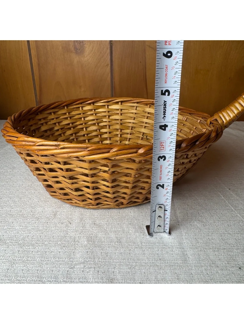 Vintage Wicker Serving Basket With Long Handle Round Handwoven Farmhouse Decor
